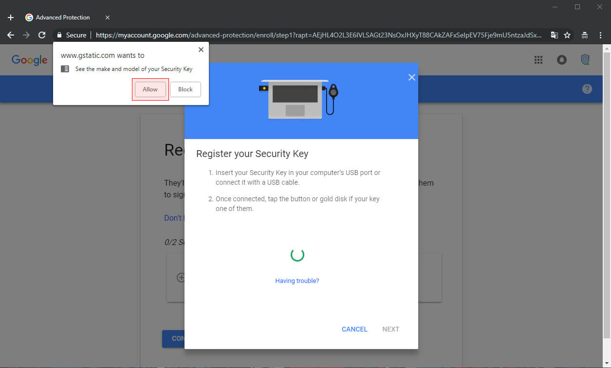 تایید دسترسی مرورگر به کلید امنیتی فیزیکی