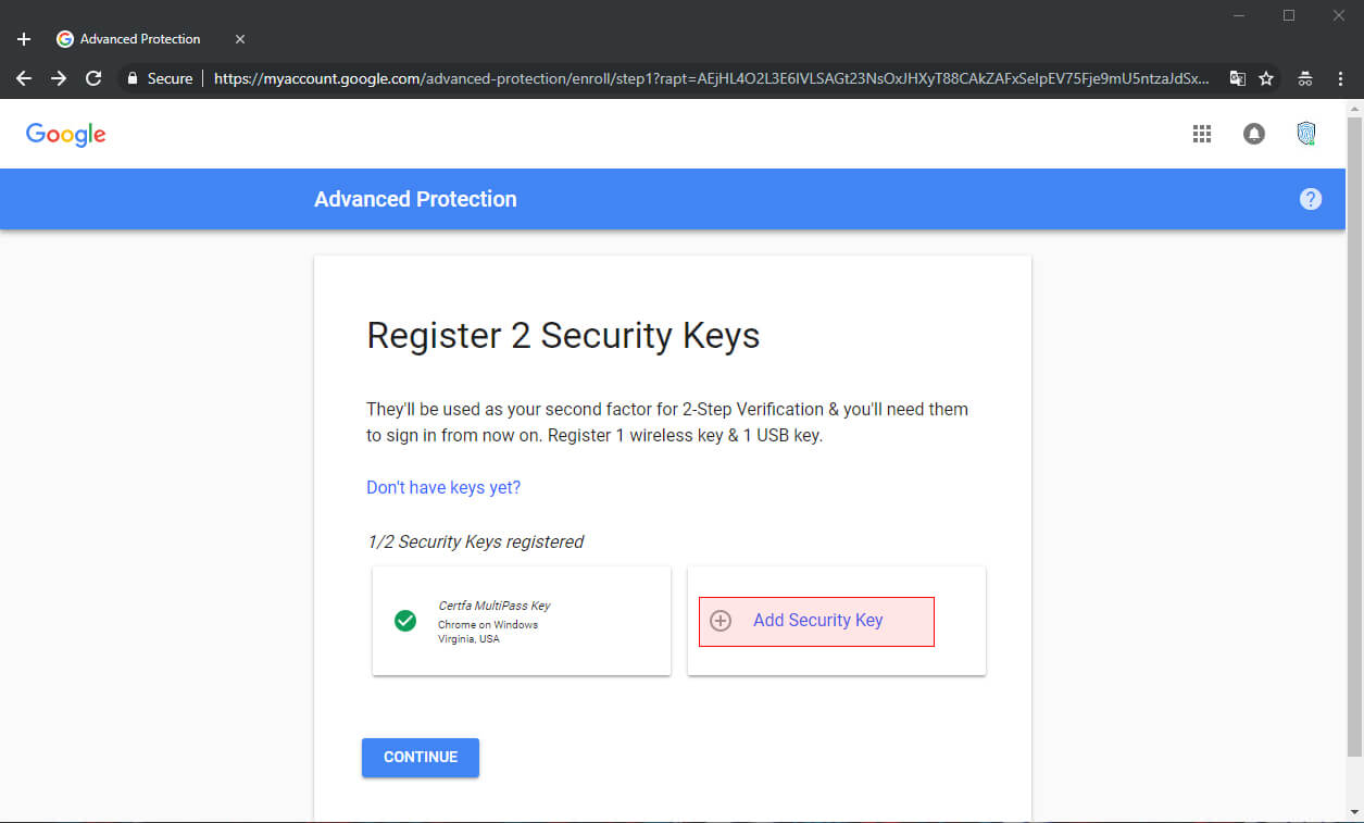 فعال‌سازی کلید دوم برای Advanced Protection