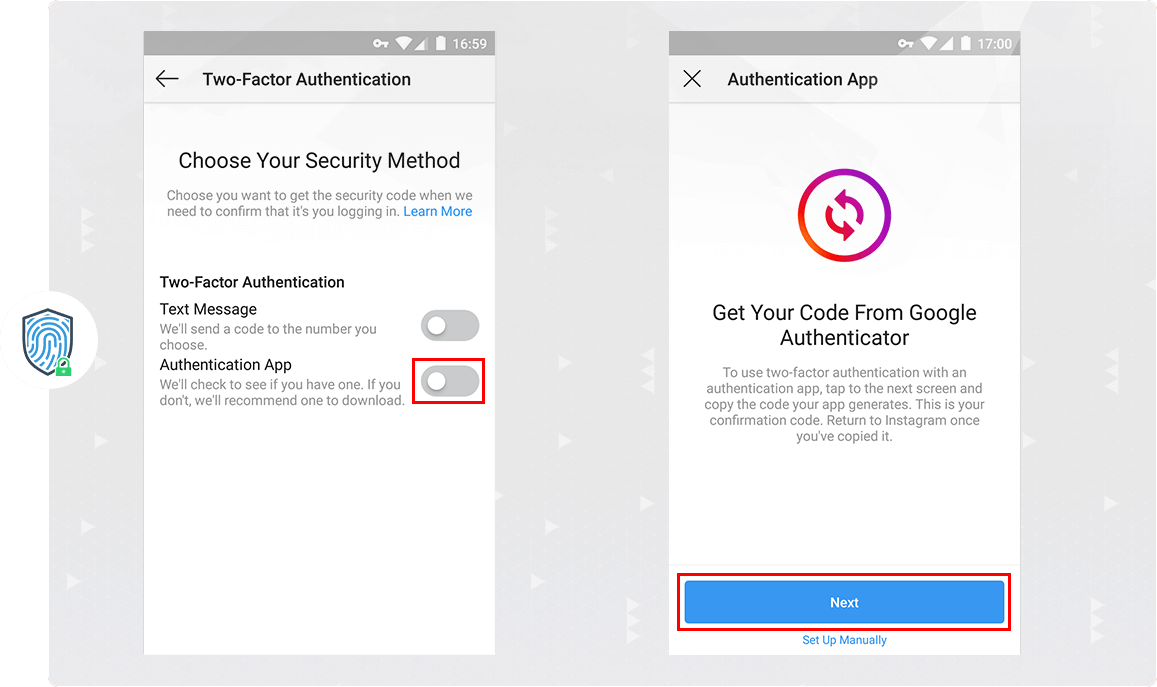 انتخاب برنامه احراز هویت برای فعال‌سازی ورود دو مرحله در اینستاگرام