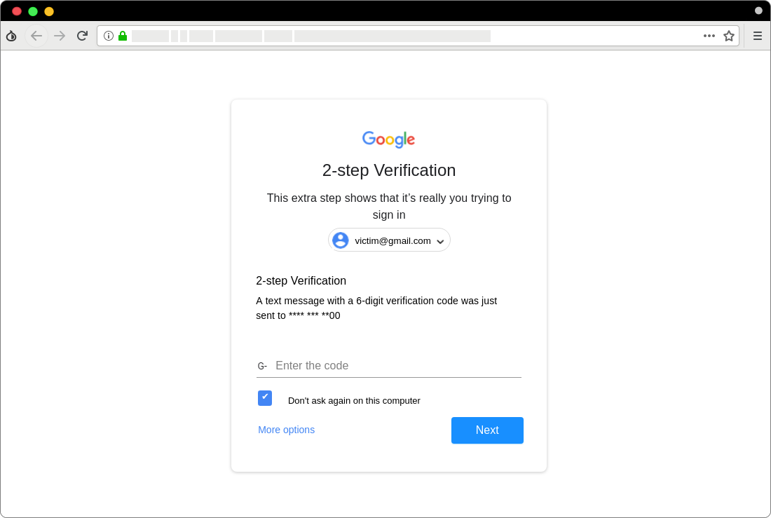 صفحه جعلی وارد کردن کد تایید هویت دو مرحلهای برای ورود به حساب جیمیل