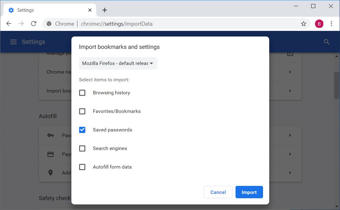واردسازی پسورد در مرورگر کروم